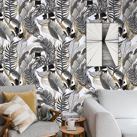 COKCOKR Modern Black/Gray/Gold Peel and Stick Wallpaper Tropical Banana Leaf Self Adhesive Waterproof Wallpaper Removable Decorative Vinyl Wallpaper for Living Room Bedroom Cabinets 17.71" X 118.1"