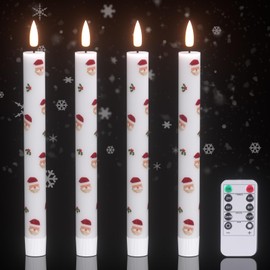 DRomance Santa Flameless Taper Candles Battery Operated with Remote and Timer, Real Wax 3D Wick Flickering LED Taper Candles Dinner Thanksgiving Christmas Holiday Indoor Decor(4 Pack, 0.78" x 9.64")