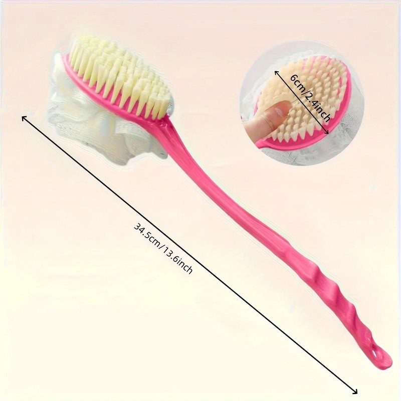 2-in-1 Long Handle Bath Brush with Soft Loofah & Bristles,