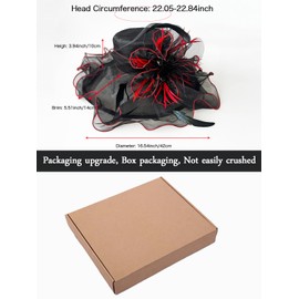 yrsZX Organza Church Derby Hats for Women Wedding Tea Party Fascinator Floral Wide Brim Sun Hat 02 Black Red