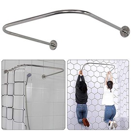 U Shaped Shower Curtain Rod, Adjustable Genuine 304 Stainless Bathroom Bathtub Shower Curtain Rod Rack with 12 Shower Curtain Rings - Silver U