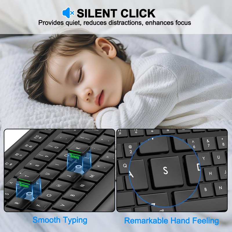 EDJO Wireless Keyboard, 2.4G Full-Sized Cordless USB Silent Computer Keyboard,