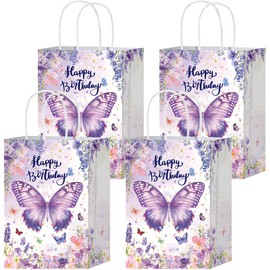 HongXingHai 16Pcs Butterfly Party Favors Gift Goodie Bags Pink Purple Flowers Treat Candy Small Floral Paper Bags with Handles for Kids Birthday Party (Purple Butterflies, 16)