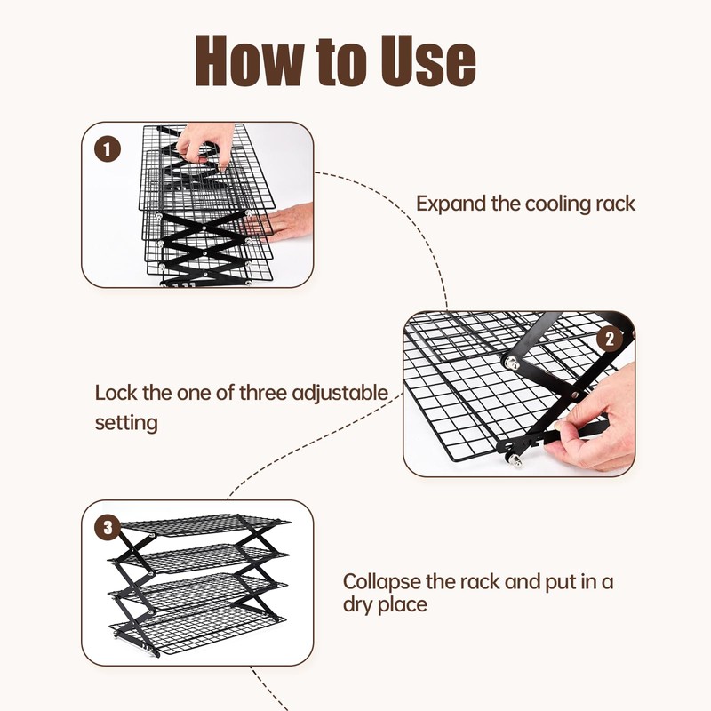 4-Tier Collapsible Cooling Rack – 16" x 10" Adjustable Stackable