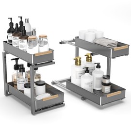 AndUp Under Sink Organizer, 2 Tiers Pull Out Bathroom Organizers and Storage, Slide Out Cabinet Organizer Shelf for Kitchen Bathroom, Multi-Purpose Collection Organizer Drawer Shelf (Gray, 2pcs)