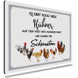 TRIOSK Funny Chicken Sign with Saying "Es gibt so viele Hühner" Tin Sign 20 x 30 cm Metal Sign Sayings Gift for Chicken Holders Farmers