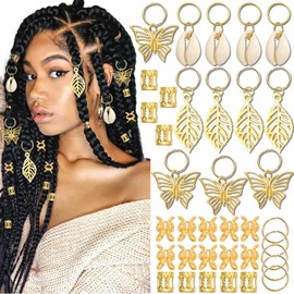 VENOFEN 50PCS Butterfly Hair Jewelry Gold Dreadlock Cuffs for Dreadlocks, Shell Loc Jewelry, Metal Braids Clips Rings Hair Decoration Accessories for Women and Girls