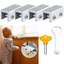 ZHIGOU Sliding Window Lock 4 Piece Set - Upper and Lower Security Aluminum Door Lock with Key - Easy to Install - Childproof Patio Door Lock (Silver)
