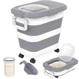 HOYTAMDA 30-40Lbs Rice Container,Collapsible Airtight Food Storage Containers with Wheels,Handle,Rice Storage Container with Small Bin and Scoop,Rice Dispenser for Flour Sugar Cereal Grain Dog Cat