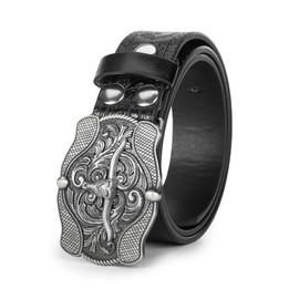 UTOWO Western PU-Leather Cowboy Buckle Belt for Men and Women Jeans Engraved Floral Longhorn Bull Buckle Belt (27-40" waist)