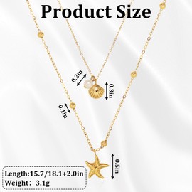 Shell Necklace Chain Bohemian Puka Starfish Imitation Pearl Layered Necklaces Set Ocean Style Alloy Metal Beach Necklace Woman Summer Holiday Surfer Seashell Necklaces Jewelry Long Chain (Gold)