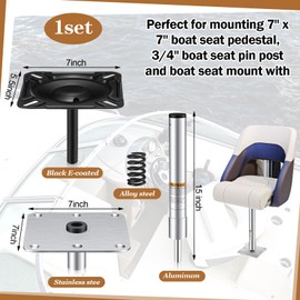 Tallew 1 Set Boat Seat Base with 3/4" Pedestal Kit, Includes 15" High Seat Post and Black E-Coated Mount, 7" Stainless Steel Threaded Base Plate Compatible with Most Ships