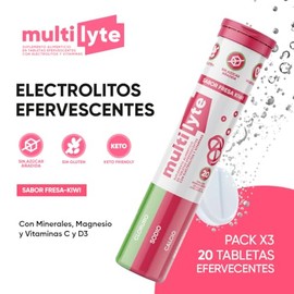 MultiLyte Electrolitos Sin Azúcar | 60 Tabletas Efervescentes con Magnesio, Potasio, Vitaminas C y D3 | Hidratación Keto y Sin Gluten | Sabor Fresa Ki