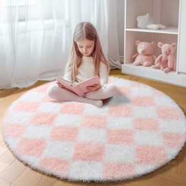 KICMOR Pink Round Rugs 5ft for Girls Bedroom, Fluffy Soft Checkered Circle Area Rug Cute Fuzzy Shag Shaggy Living Room Carpet, Indoor Plush Circular Rug for Kids Room Nursery Home Decor Aesthetic