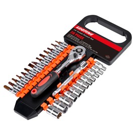 Egofine 28pcs 1/4 Inch Ratchet Socket Wrench Set, Drive Socket Set with 12 Sockets and 14 Bit Socket Set, with Extension Bars