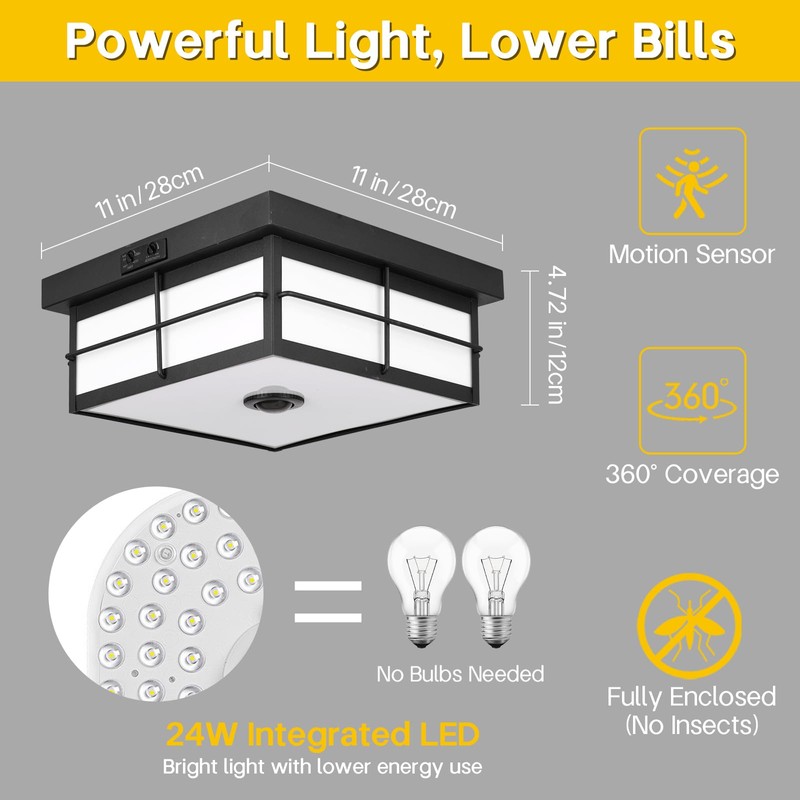 CLARSYNE 24W LED Motion Sensor Outdoor Ceiling Light, Smart Square