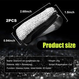 Dickno 2 PCS Bling Sunglasses Holder for Car Sun Visor, Crystal Rhinestones Eyeglasses Hanger Mount with Ticket Card Clip, Universal Vehicle Visor Decor Accessories for Women (White)