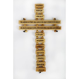 Olive Wood Crucifix / Wall Cross adorned with the "Our Father Prayer" (Spanish Small Version) from Jerusalem Hand Crafted by Artisans in Bethlehem (the heart of the holy land). An Ideal Religious Gift for Christmas or any other Christian Holiday