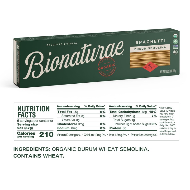 Bionaturae Spaghetti Pasta Noodles - Durum Semolina Pasta, Kosher, High