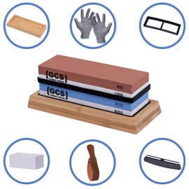 GCS Knives Sharpening Stone Set Dual Grit Whetstone 400/1000 3000/8000 Waterstone Set - Kitchen Knife Sharpener Wet Stones Kit - Flattening Stone, Angle Guide, Leather Strop, Cut Resistant Gloves