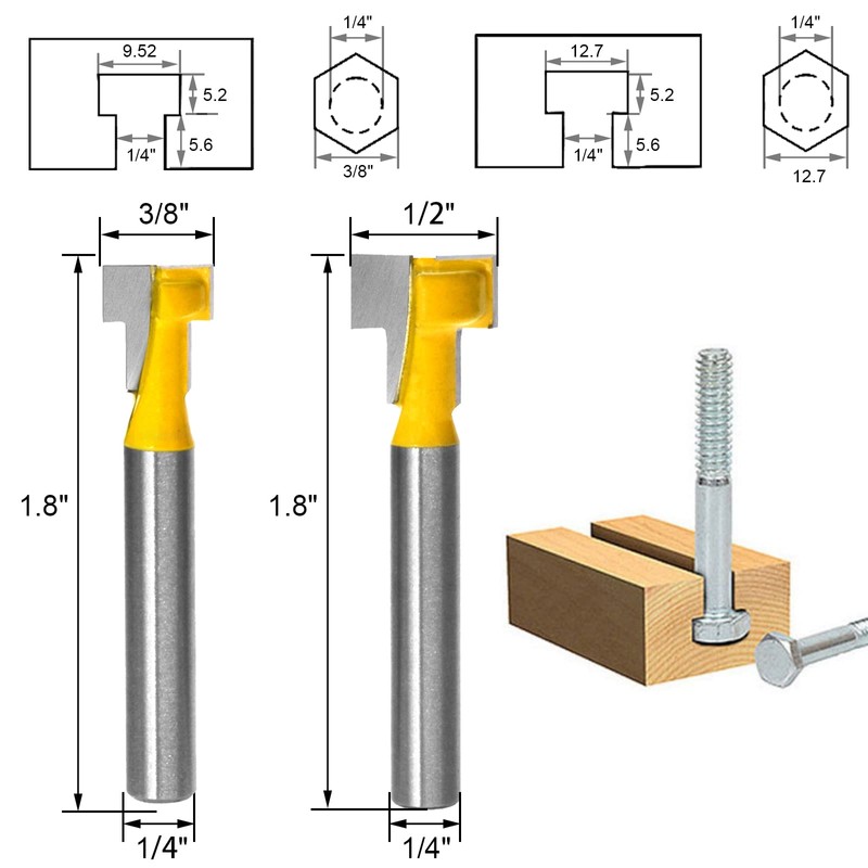 Exqutoo 1/4" Shank T-Slot Cutter Router Bit 3/8" & 1/2"