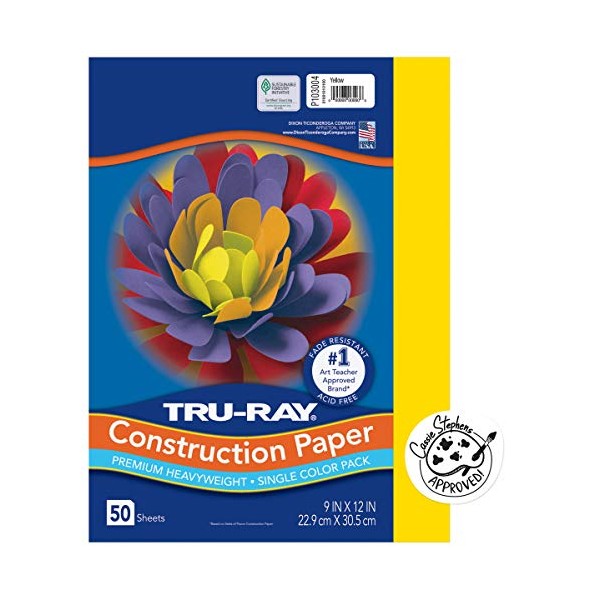PACON Tru-Ray Construction Paper, 9-Inches by 12-Inches, 50-Count, Yellow (103004)