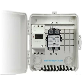 Double Pole, 220VAC Digital Timer Switch 7 Day 24 Hr 40A, 50A, 30A, 240V 2P in Weatherproof Enclosure, 3 Year Battery Backup, Manual Override