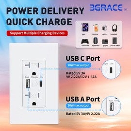 3GRACE USB Wall Outlet, USB Charger Outlets Receptacles with 4.2A USB C Ports, 20 Amp Duplex Tamper Resistant Receptacle Plug with USB Electrical Outlet, Wall Plate Included, ETL Listed，White, 6 Pack