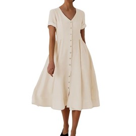 chouyatou Women's Summer Fit and Flare Swing Cotton Dress Casual V-Neck Button Down Beach Midi Dress (Large, Off White)