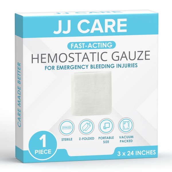 JJ CARE Z Folded Hemostatic Gauze (Pack of 1), 3"x24" Quick Clotting Combat Gauze Hemostatic Dressing for Emergency Trauma, Immediate Hemostasis Clotting Gauze for Camping Essentials & Emergency Kits