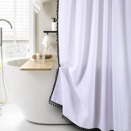 HOME DESIGN HUB Boho Shower Curtain with Black Tassels – (72x72) White Shower Curtain, Water Repellent Fabric with Minimalist and Chic Design