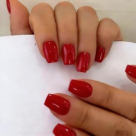 SXVME Uñas postizas cortas con pegamento, diseño ataúd rojo, brillantes, sencillas, cuadradas, de ajuste natural, con gel suave para mujer, reutilizab