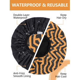 Years calm Men Shower Cap Reusable Waterproof, Dual-Layer Design, Double-Sided Use, Protects Hair in Shower, Spa, Travel & Cooking, Adjustable Elastic for Comfortable Fit (Orange Striped, One Size)