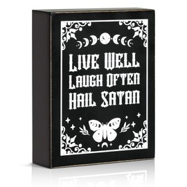 Putuo Decor Goth Room Decor Wooden Box Signs With Sayings, Live Well Laugh Often Hail Satan, Inspirational Funny Desk Decor Satanic Decor for Home Office Bedroom Kitchen Decor 4.7 x 5.9 In