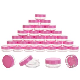 200 Count 3 Gram Sample Containers, Clear Lip Balm Containers with Lids, Small Plastic Sample Jars with 12 Mini Spoons, 200pcs Labels (Pink Lid)
