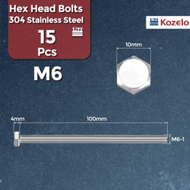 Kozelo 15 Pcs Hex Head Screws Bolts - [M6-1x100] 304 Stainless Grade A2-70 Steel Fully Threaded Hex Tap Metric Hexagon Head Machine Bolts Right Hand External Hex Drive, Silver