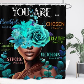 Yookeb African American Inspirational Bathroom Shower Curtain 60W by 71H Inch Black Girl Women Motivational Bible Quotes Positive Teal Flower Polyester Fabric 12 Plastic Hooks Waterproof Decor