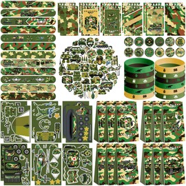 122PCS Camo Party Favors Set, 50 Stickers, 12 Assemble Stickers, 12 Button Badges, 12 Mini Notepads, 12 Slap Bracelets, 12 Rubber Bracelets, 12 Goodie Bags for Army Hunting Military Party Supplies
