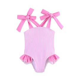 Girl Bathing Suits Adjustable Straps Swimwear Ruffled One Piece Swimsuit Girls with Sun Protection 4-5T Pink Stripe