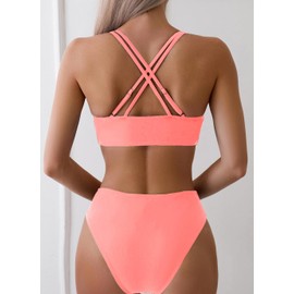 Tainehs Women's Push Up V Neck Bikini Sets Criss Cross Back Two Piece Bathing Suit Coral Pink