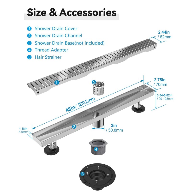 Shower Drain Stainless Steel for Bathroom: 48 Inch Brushed Nickel