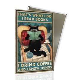 Letrero de metal clásico de gato negro, libros de lectura de gato negro y bebida de café divertido cartel de pared para recámara, baño, letrero de metal retro de estaño, letrero de metal para gatos