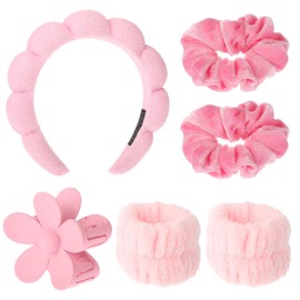 Spa Stirnband Make Up Haarband Waschband Set Haarband Kosmetik Rosa Haarreif Schminken Schmink Haarreif Schwamm Stirnband Spa Headband für Hautpflege Gesicht Waschen Dusche