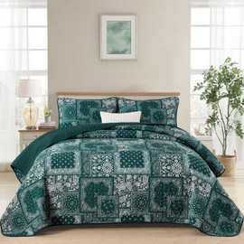 Cottolester King Quilt Set 3 Pieces,Emerald Green Patchwork Quilt Set,Boho Farmhouse Bedspread Soft Microfiber Bedding Set 110"x90"