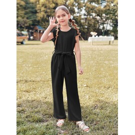 Haloumoning Girls Jumpsuit Kids Fashion Cap Sleeve Belted Wide Leg Romper One Piece Summer Outfits