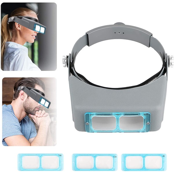 SUNJOYCO Head Mount Magnifier, Professional Jeweler Loupe Headband Magnifying Glasses Magnify Goggles with 4 Replaceable Lenses 1.5X, 2.0X, 2.5X, 3.5X Magnification for Watch Repair, Crafts