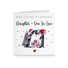 Merry Christmas Daughter & Son In Law Penguin Christmas Greeting Card - Watercolour Penguin Christmas Card For Daughter & Son In Law - Christmas Xmas Card For Him Her Daughter Son In Law A259