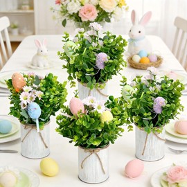 DIYDOFUN Spring Easter Table Decorations Centerpieces – Set of 6 Pre-Made Eggs Tabletop Arrangements with Rustic Metal Vase for Farmhouse Dining Room Home Kitchen Indoor Party Office Decor