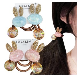 Wenlly 4 pieces cute rabbit hair ties, double headed elastic ponytail holder, Wrap hair rope, sweet hair scrunchies, hair accessories, pink & blue