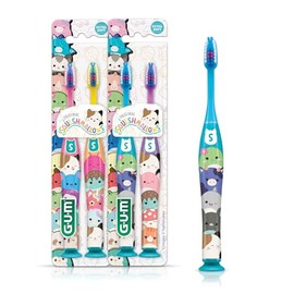 GUM Squishmallows - cepillo para polvo de dientes para niños, cerdas extra suaves, con base de ventosa, cabeza compacta, 2 unidades (paquete de 2)